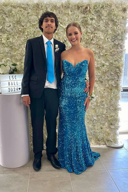 Mermaid Strapless Blue Sequins Long Prom Dresses,BD93327