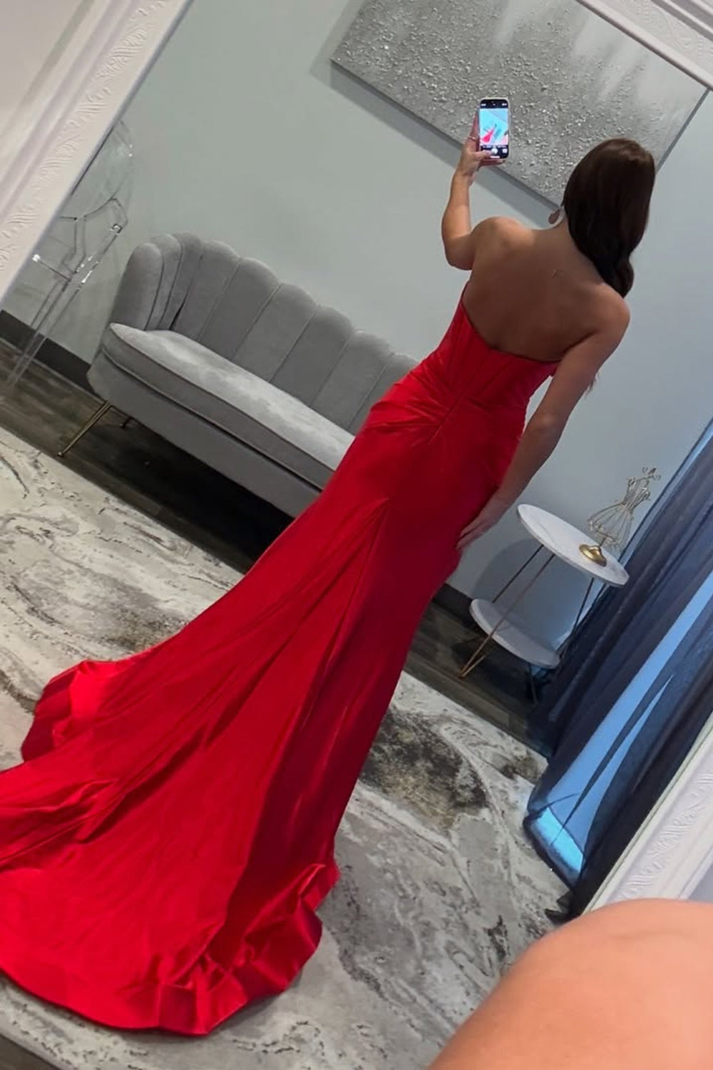 Mermaid Strapless Keyhole Red Satin Long Prom Dresses