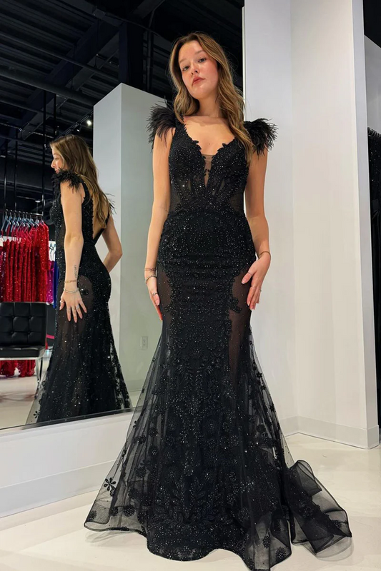 Black V Neck Sequin Lace Mermaid Long Prom Dresses