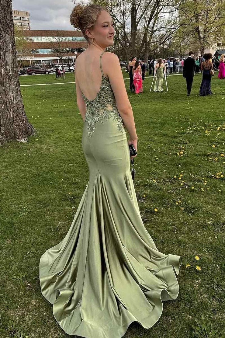 V Neck Sage Green Satin Mermaid Prom Dresses