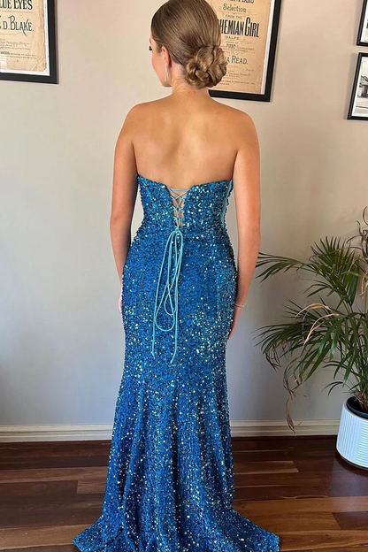 Mermaid Strapless Blue Sequins Long Prom Dresses,BD93327