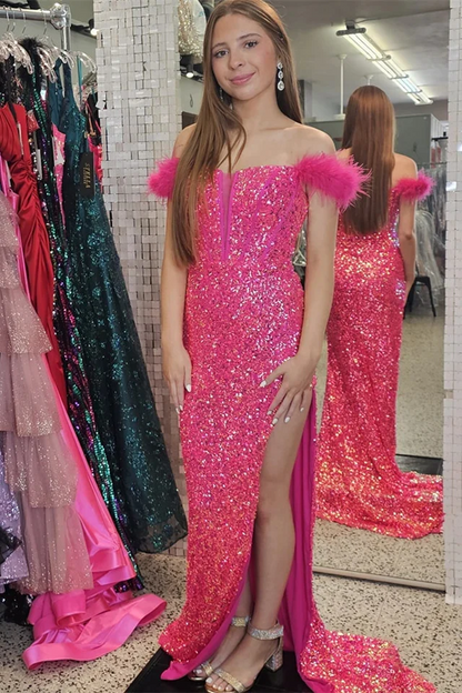 Hot Pink Mermaid Feathered Off-Shoulder Sequins Long Prom Dresses