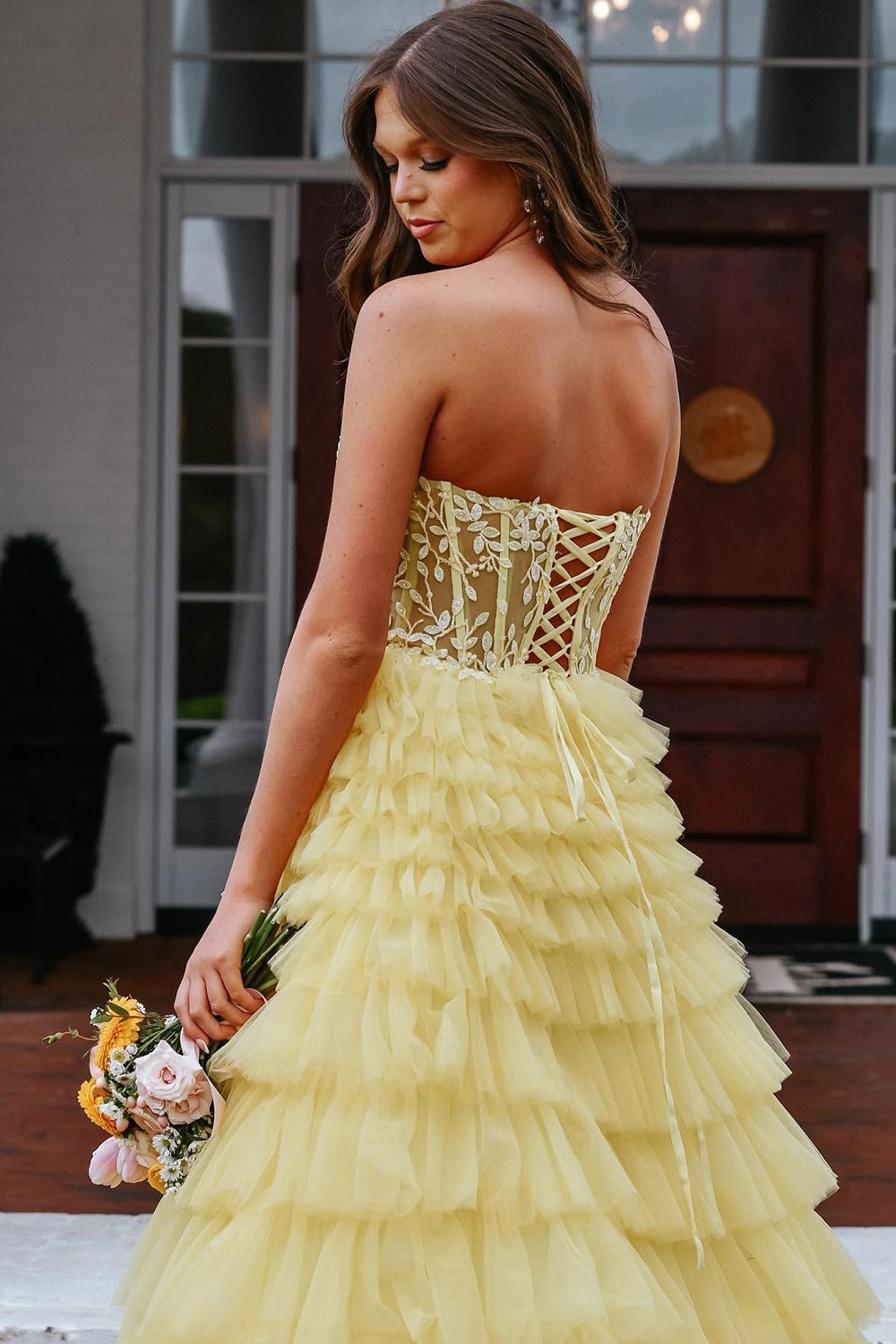 Cute Sweetheart Yellow Tiered Tulle Long Prom Dresses