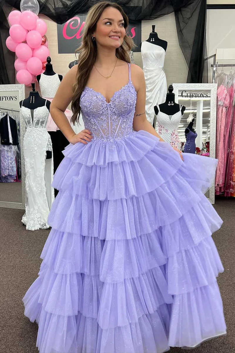 A-Line Ruffle Tiered Tulle Long Prom Dresses with Appliques