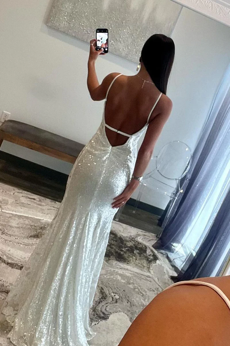 White V Neck Mermaid Sequin  Long Prom Dresses