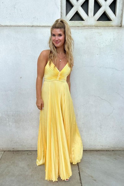 Charming A Line V Neck Satin Long Yellow Prom Dresses