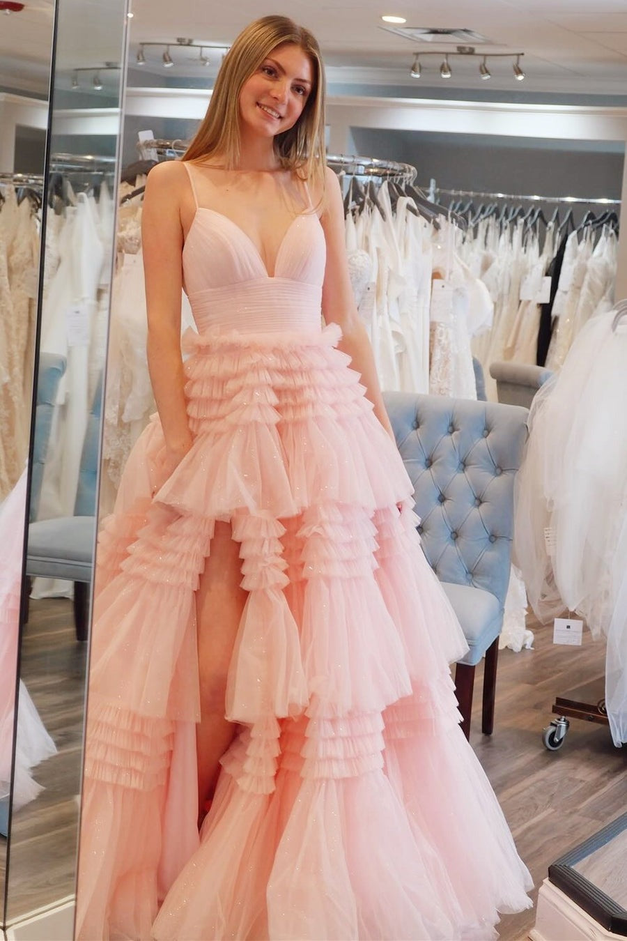 Cute Tulle A Line V Neck Tiered Prom Dresses