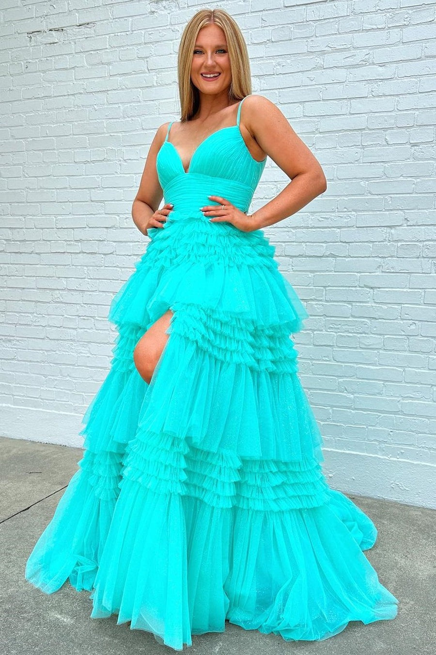 Cute Tulle A Line V Neck Tiered Prom Dresses