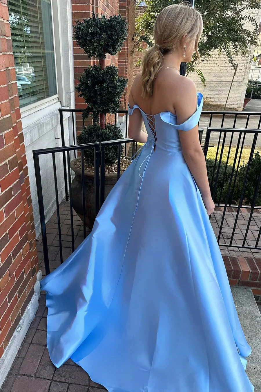 Blue Lace-Up Off-the-Shoulder Prom Dressees