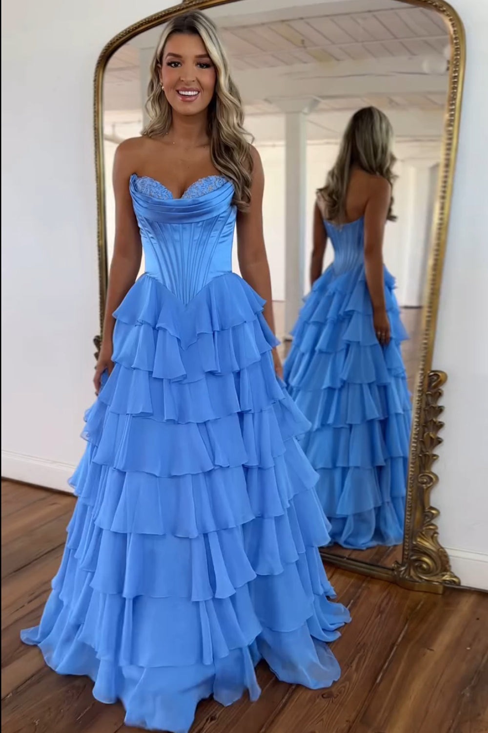 A Line Chiffon Sweetheart Blue Tiered Long Prom Dresses