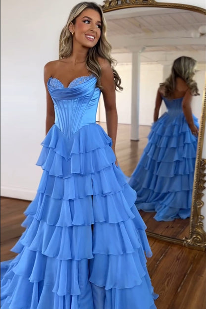 A Line Chiffon Sweetheart Blue Tiered Long Prom Dresses