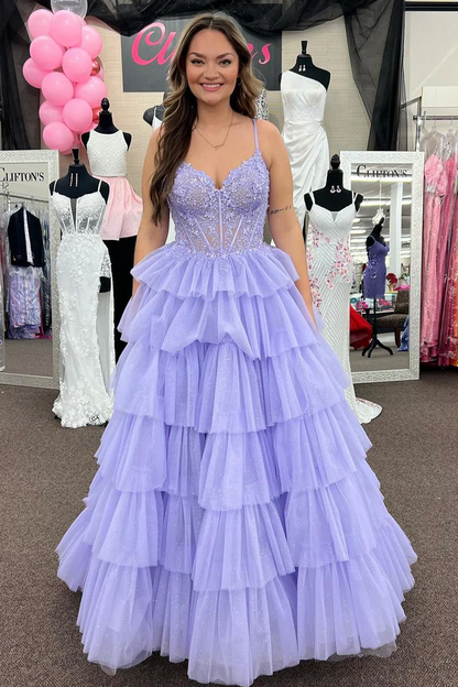 A-Line Ruffle Tiered Tulle Long Prom Dresses with Appliques