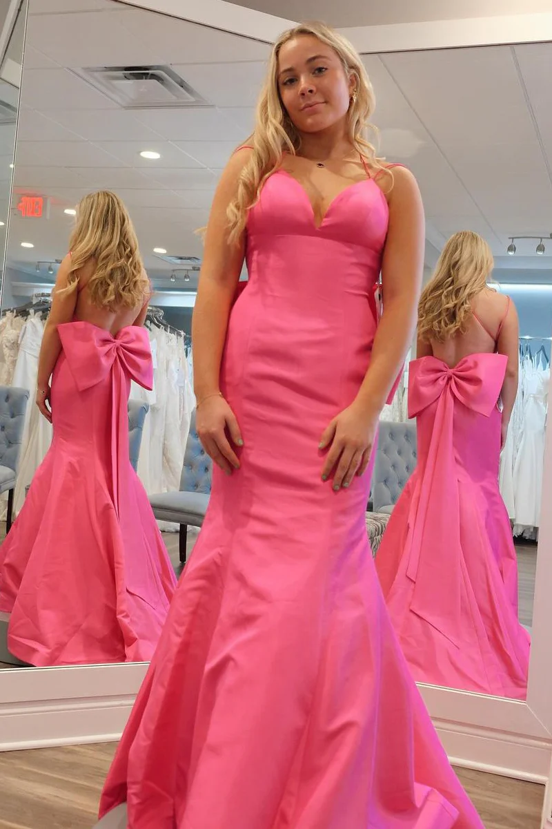 Pink V Neck Satin Mermaid Long Prom Dresses