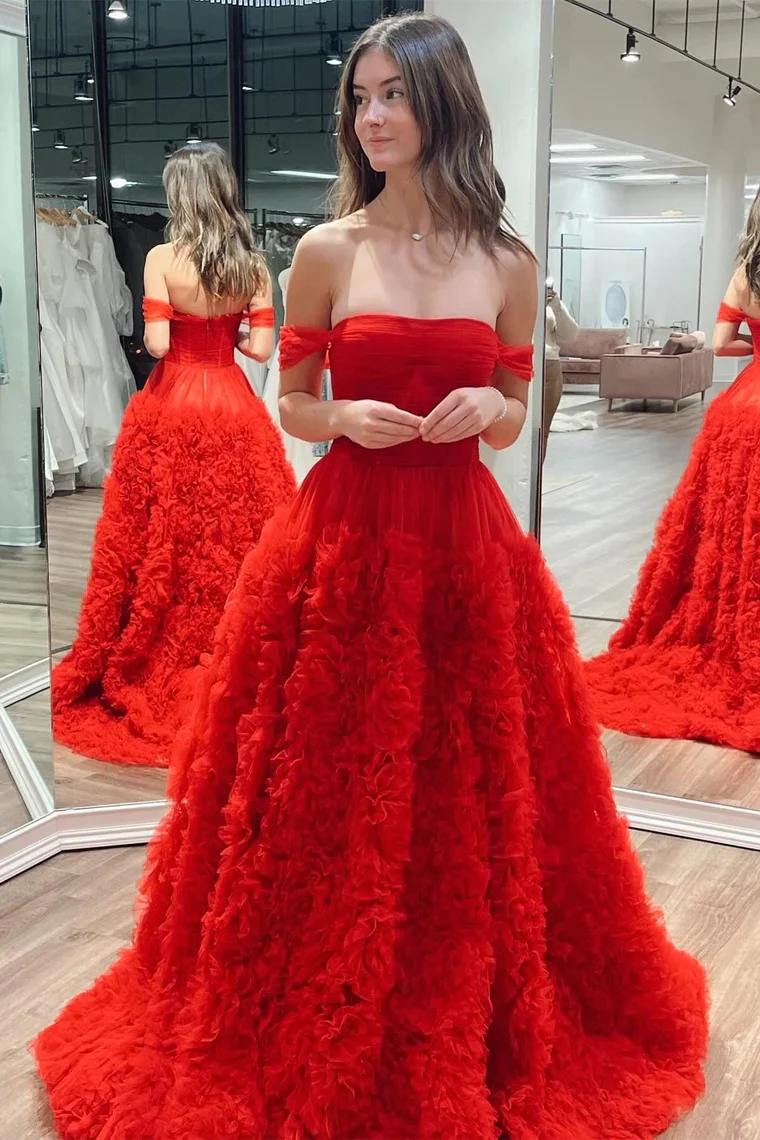 Off-the-Shoulder Red Ruffle Long Prom Dresses