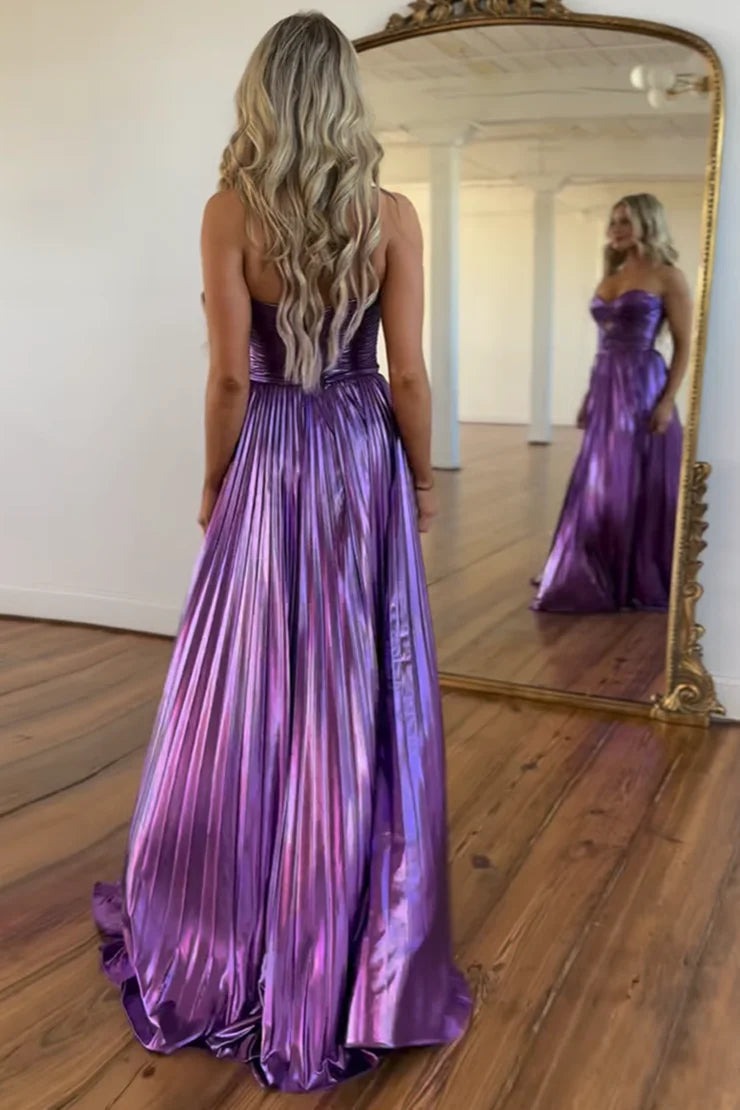 A Line Purple Metallic Satin Pleat Sweetheart Prom Dresses