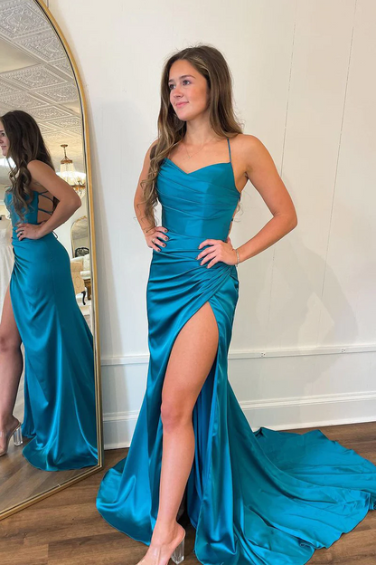 Mermaid Peacock Blue Spaghetti Straps Satin Prom Dresses