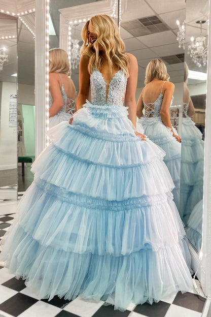 Sky Blue V Neck Ruffle Tiered Tulle Long Prom Dresses