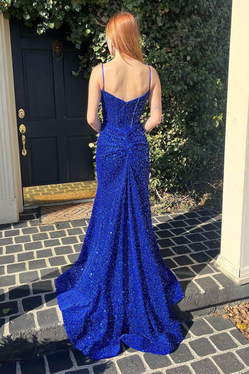 Royal Blue Sequins Spaghetti Straps Mermaid Long Prom Dresses