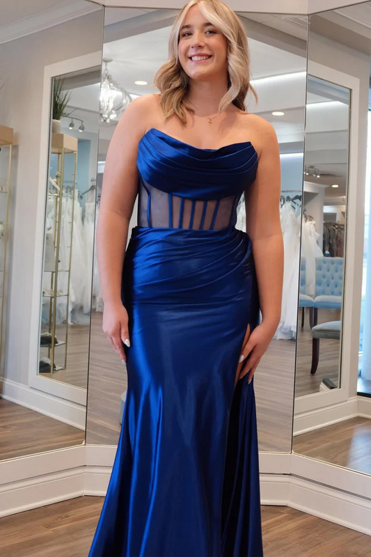 Mermaid Strapless Navy Blue Satin Long Prom Dresses