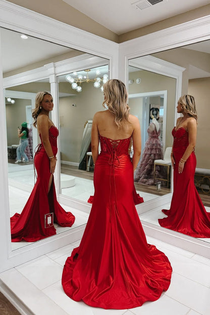 Mermaid Strapless Keyhole Red Satin Long Prom Dresses