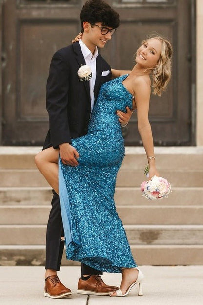 One Shoulder Blue Long Mermaid Prom Dresses