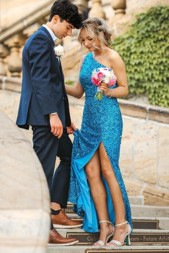 One Shoulder Blue Long Mermaid Prom Dresses