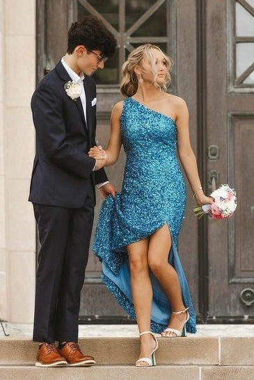 One Shoulder Blue Long Mermaid Prom Dresses