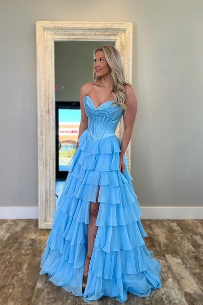 Ball Gown Sweetheart Blue Chiffon Tiered Prom Dresses