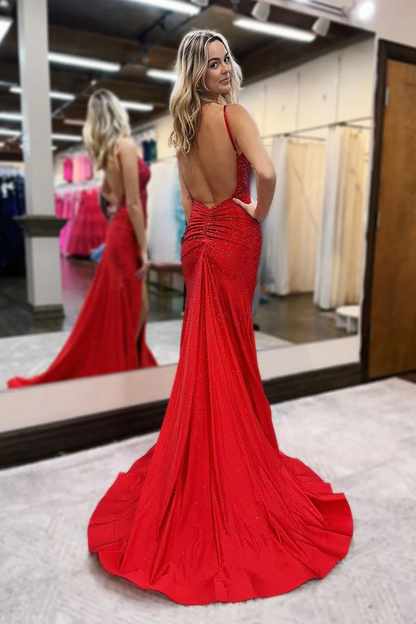 Red Beaded V Neck Mermaid Long Prom Dresses