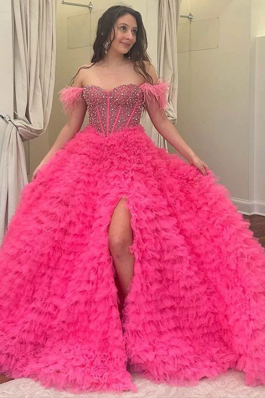 Beaded Feather Long Off-the-Shoulder Tiered Prom Dresses