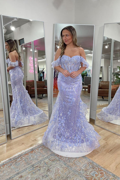 Mermaid Off the Shoulder Lavender Sequin Lace Prom Dresses