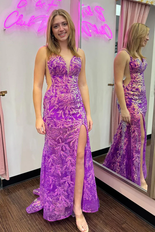 Purple Sequins Lace Mermaid Long V Neck Prom Dresses