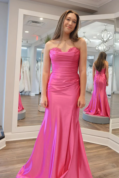 Mermaid Pink Satin Long Sweetheart Prom Dresses