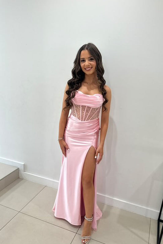 Charming Mermaid Straps Pink Satin Slit Prom Dresses