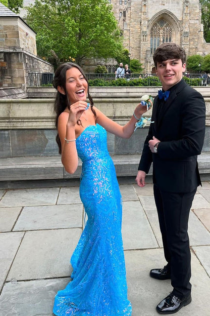 Strapless Blue Sequins Long Mermaid Prom Dresses