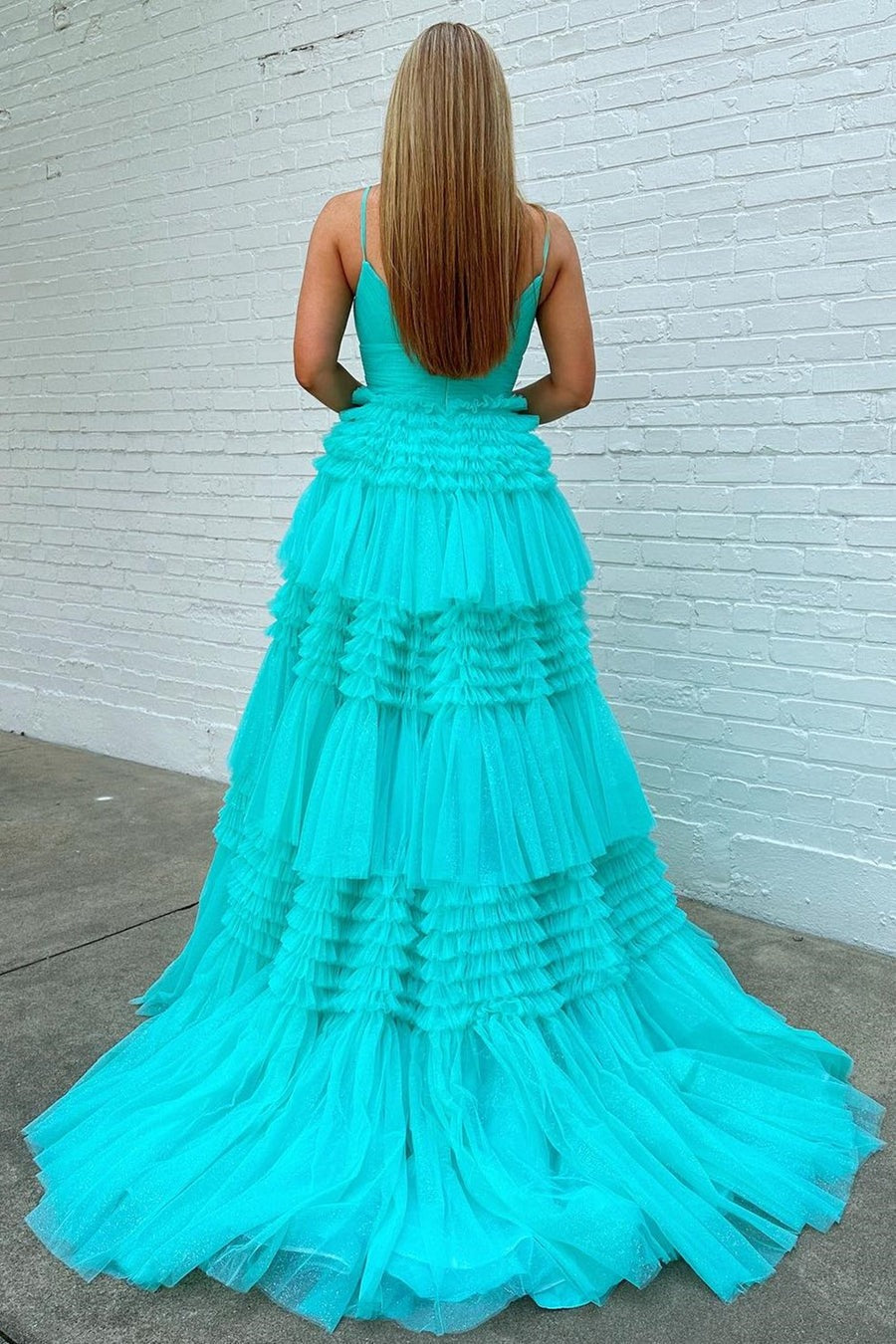 Cute Tulle A Line V Neck Tiered Prom Dresses