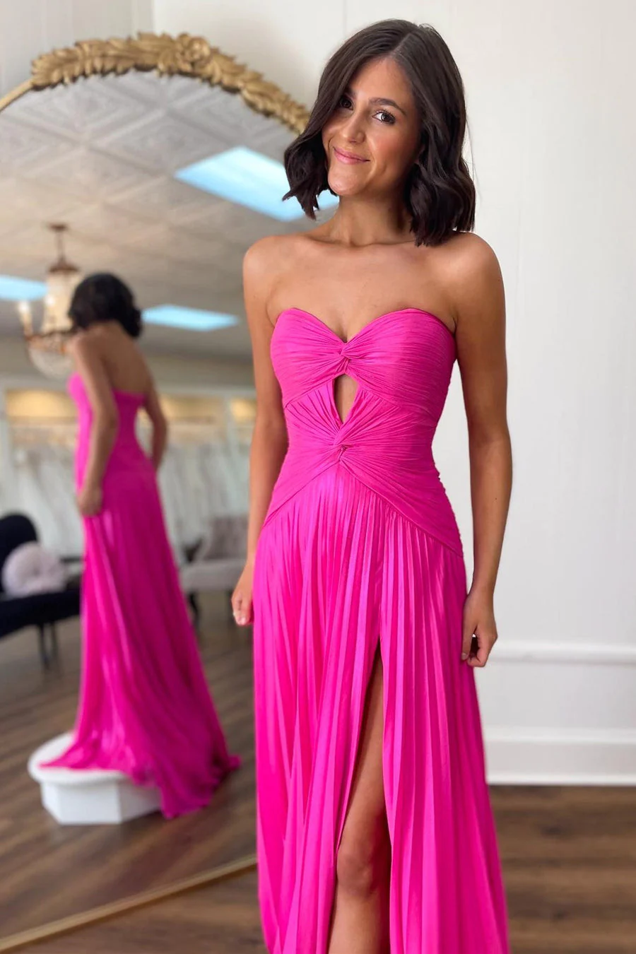 Hot Pink Strapless Keyhole Pleated A-Line Prom Dresses