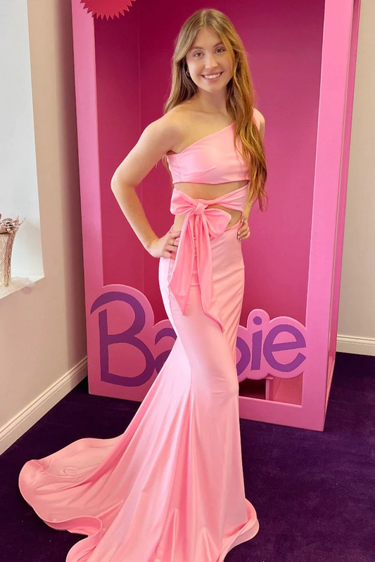 Pink One-Shoulder Cutout Trumpet Long Prom Dresses