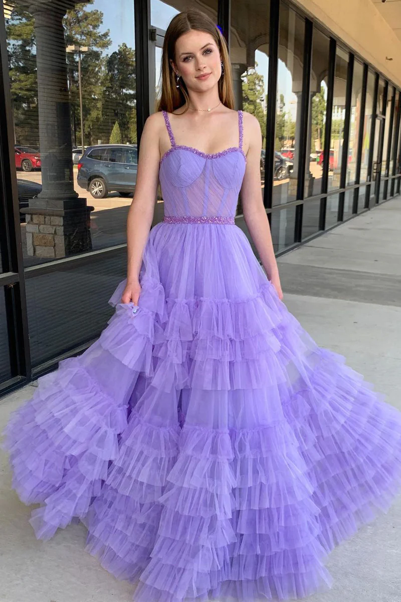 Lilac Sweetheart Ruffle Tulle A-Line Long Prom Dresses