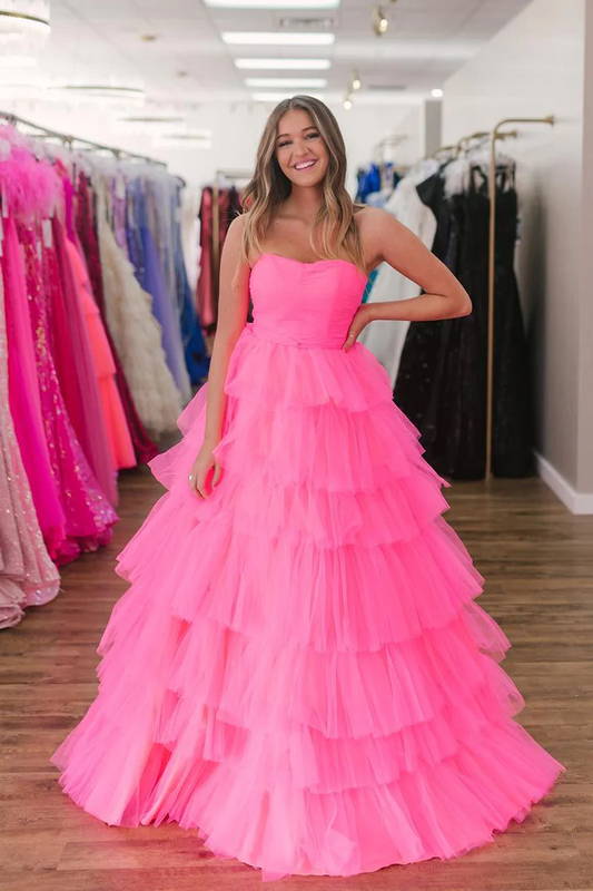 Pink Sweetheart Ruffle Tiered Long Prom Dresses