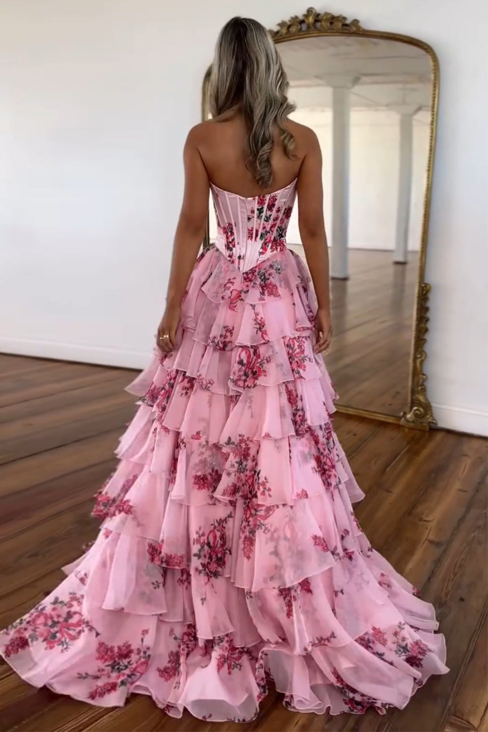 Charming A Line Chiffon Sweetheart Blush Printed Long Prom Dresses