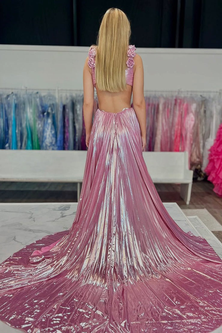 A Line V Neck Pink Pleat Metallic Satin Long Prom Dresses