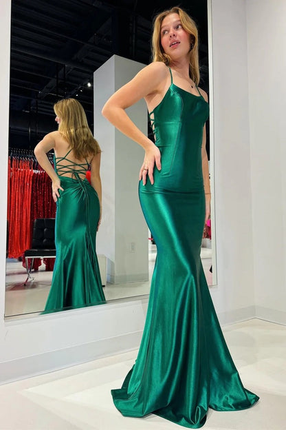 Mermaid Scoop Neck Dark Green Stretch Satin Long Prom Dresses