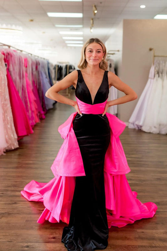 Two Piece V Neck Black Pink Long Mermaid Prom Dresses