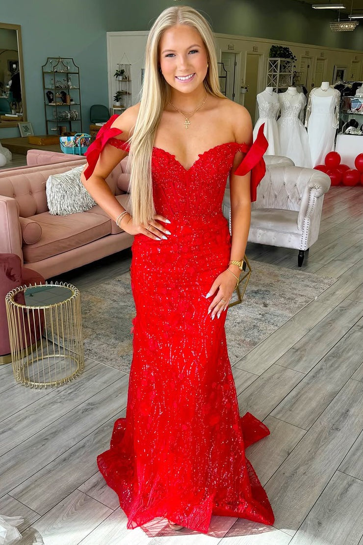 Mermaid Off the Shoulder Red Satin iered Long Prom Dresses