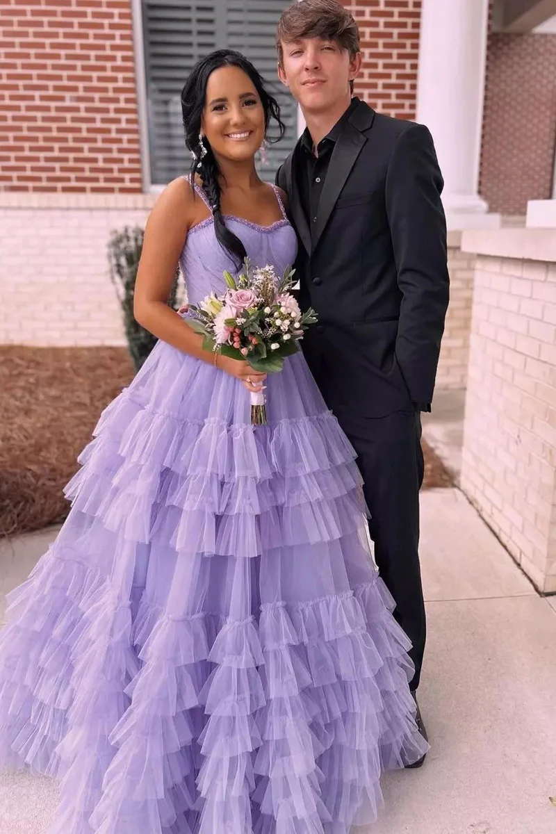 Lilac Sweetheart Ruffle Tulle A-Line Long Prom Dresses