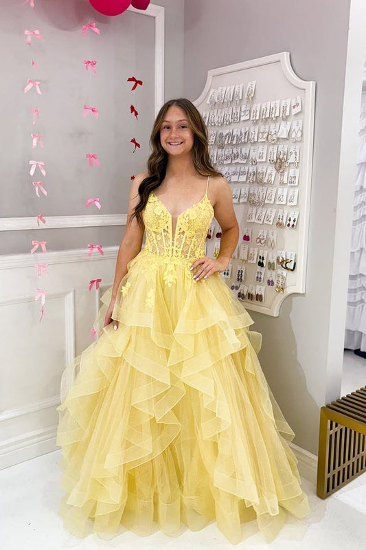 A Line V Neck Yellow Tulle Ruffled Prom Dresses