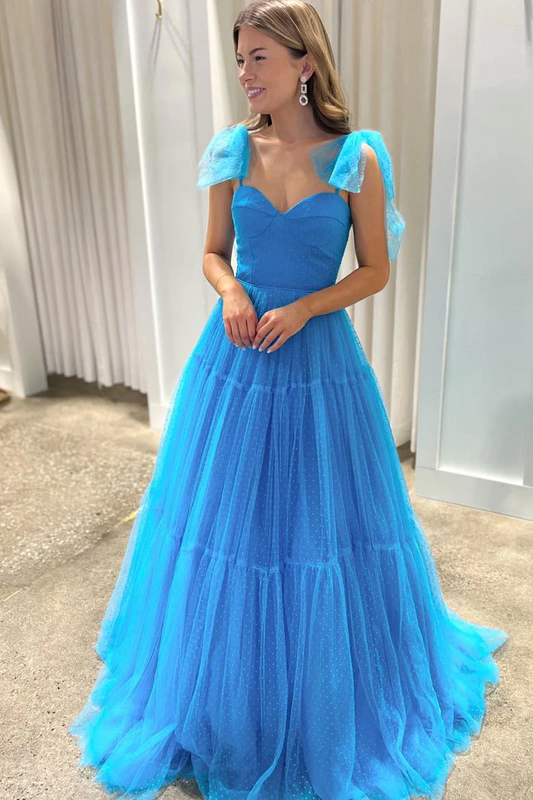 Blue A-Line Sweetheart Tie Straps Tulle Long Prom Dresses