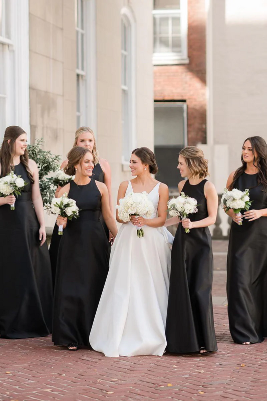 Simple A-Line Round Neck Black Satin Long Bridesmaid Dresses,BD240806