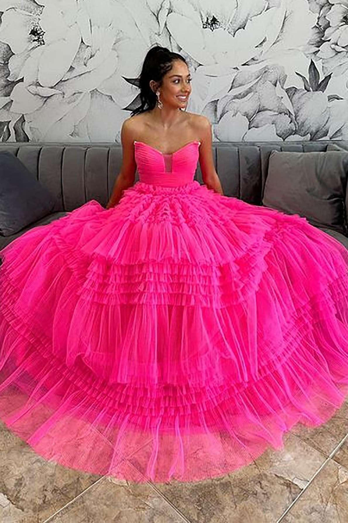 Hot Pink A-Line Strapless Tiered Tulle Prom Dresses